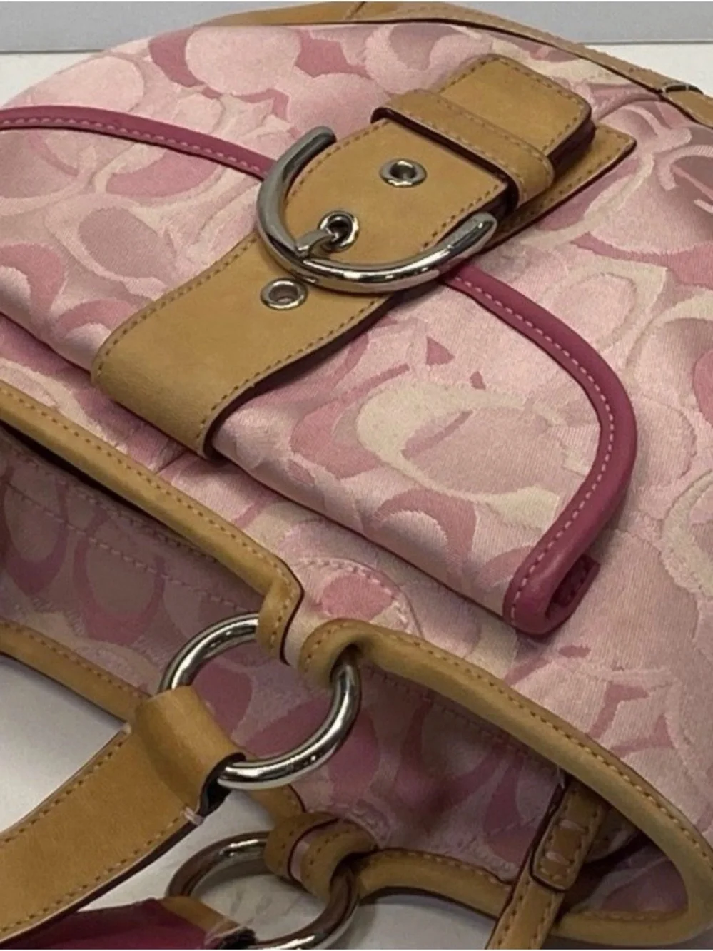 VINTAGE Y2K Coach Pink Signature Canvas Satchel with Tan Leather Trim